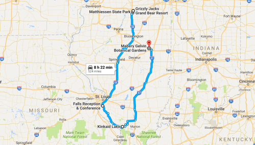 Map showing a route from Kinkaid Lake to Mabery Gelvin Botanical Gardens, passing through Matthiessen State Park.