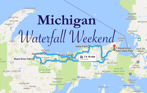 Map of Michigan highlighting a route for a "Waterfall Weekend," featuring various waterfalls and parks.