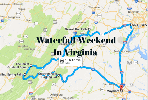 Map showing a route for a "Waterfall Weekend in Virginia," highlighting various stops and distances.