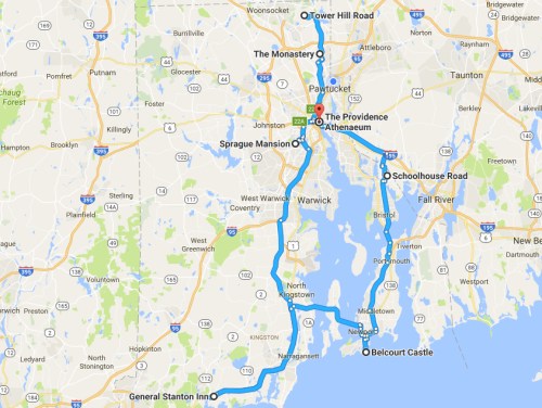 Map showing a route connecting The Monastery, The Providence Athenaeum, Sprague Mansion, and Belcourt Castle in Rhode Island.