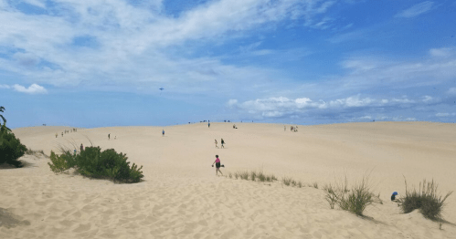 A sandy dune landscape with people walking and playing under a blue sky with scattered clouds.