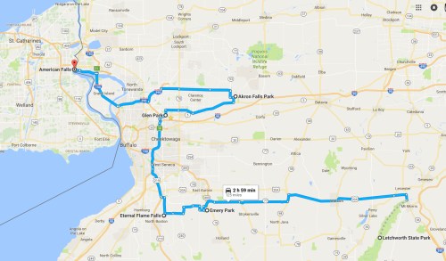 Map showing a route from American Falls to various parks, including Alonzo Falls Park and Energy Park, with travel time noted.