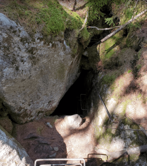 A dark cave entrance surrounded by mossy rocks and trees, with metal steps leading down into the cave.