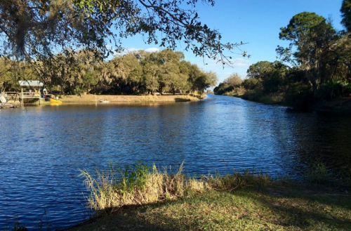 A serene river scene surrounded by trees, with calm water reflecting the blue sky and distant land.