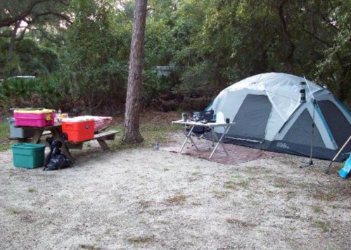 A campsite with a tent, picnic table, coolers, and camping gear surrounded by trees.