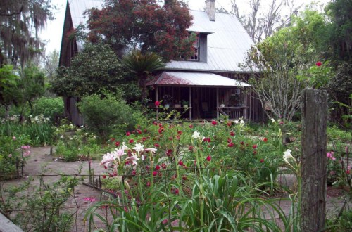 A charming old house surrounded by a vibrant garden filled with colorful flowers and lush greenery.