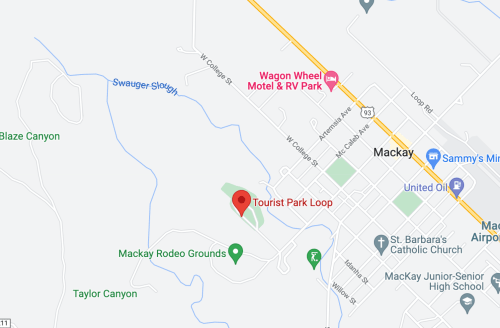 Map showing the location of Tourist Park Loop in Mackay, Idaho, near local landmarks and roads.