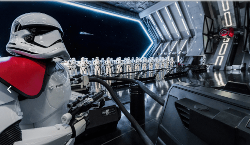 A row of stormtroopers stands in a futuristic setting, with a prominent stormtrooper in the foreground.