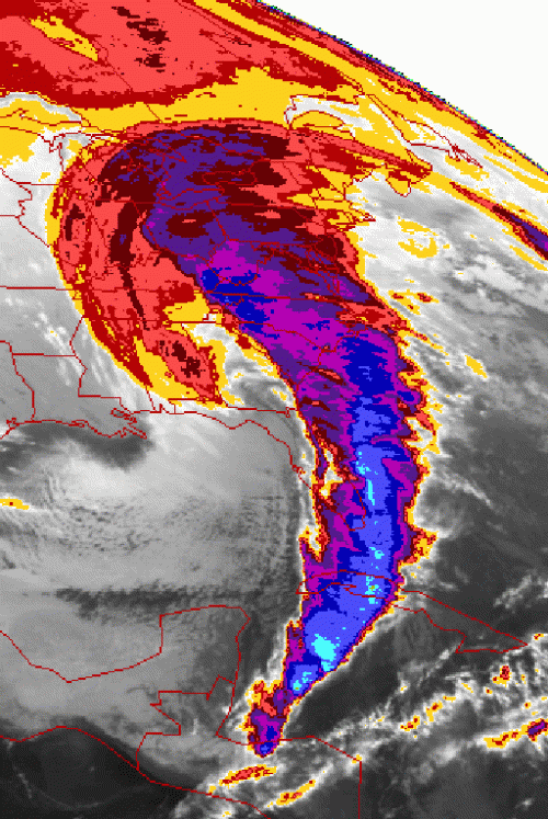 Satellite image showing a large storm system with swirling clouds and varying colors indicating temperature and intensity.