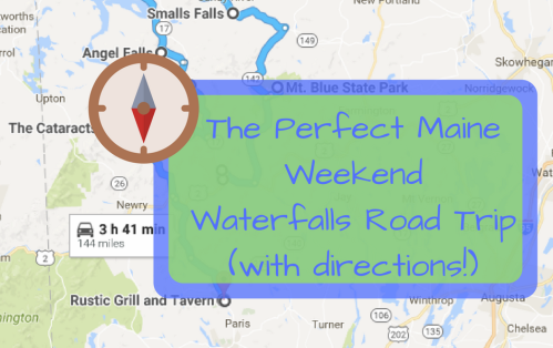 Map highlighting a road trip route in Maine, featuring waterfalls and key stops, with a compass graphic and title.