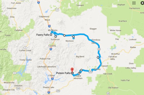 Map showing a route between Potem Falls and Faery Falls, with key locations marked along the way.