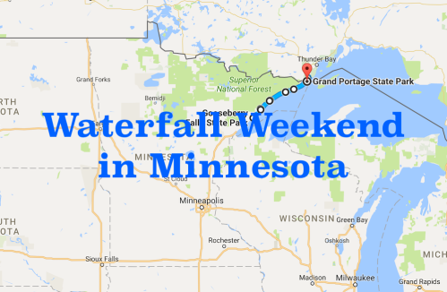 Map highlighting a "Waterfall Weekend in Minnesota," featuring Grand Portage State Park and nearby locations.