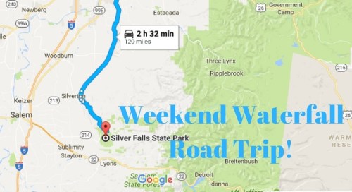 Map showing a route to Silver Falls State Park for a weekend waterfall road trip, with a travel time of 2 hours 32 minutes.