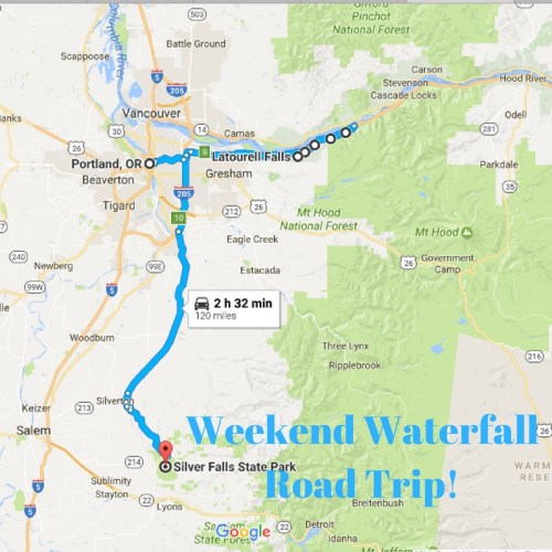Map showing a route from Portland, Oregon, to Silver Falls State Park for a weekend waterfall road trip.