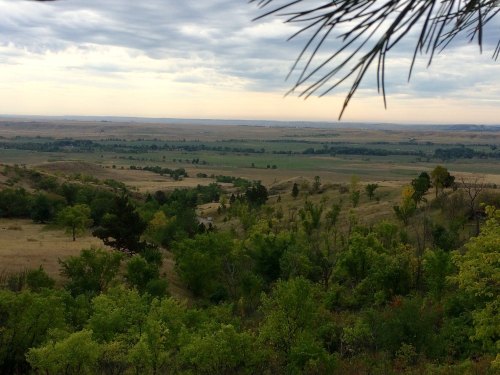 A panoramic view of rolling hills and valleys under a cloudy sky, with patches of trees and open fields.