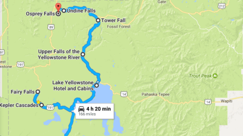 Map showing a route through Yellowstone National Park, highlighting waterfalls and scenic points, with travel time and distance.