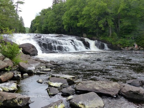 A serene waterfall cascades over rocks, surrounded by lush green trees and a calm river.