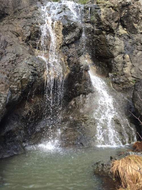 A small waterfall cascading over rocky terrain into a calm pool below, surrounded by moss and grass.