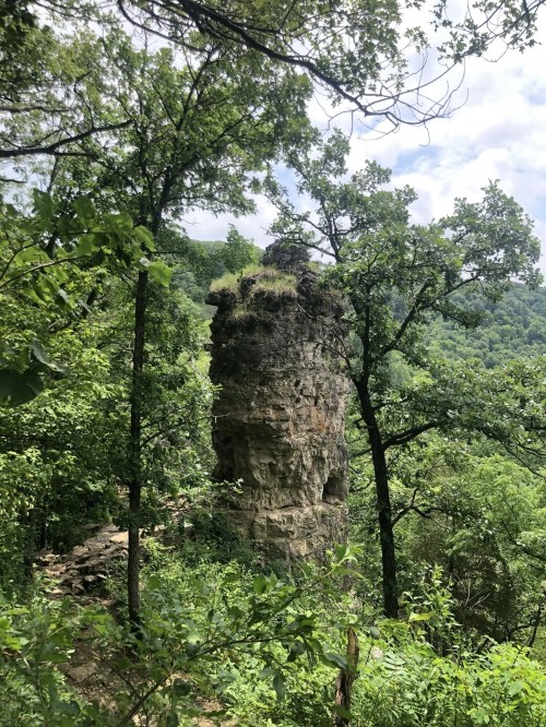 A tall rock formation surrounded by lush green trees and hills under a partly cloudy sky.