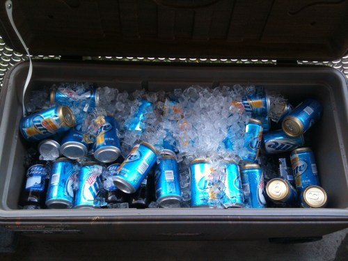 A cooler filled with ice and various cans of beer, mostly blue and silver, ready for a gathering.