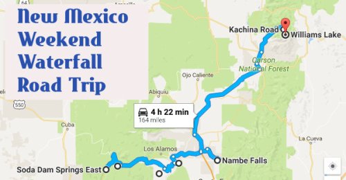Map showing a road trip route in New Mexico, highlighting waterfalls and key locations like Williams Lake and Nambe Falls.