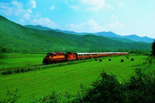 A colorful train travels through a lush green landscape with mountains in the background under a clear blue sky.