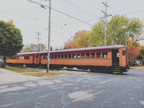 A vintage orange train passes through a tree-lined street with autumn foliage.