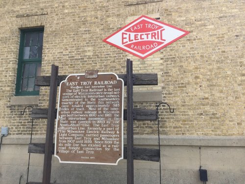 Sign for the East Troy Electric Railroad, detailing its history and significance in Wisconsin's interurban rail system.