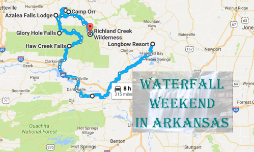 Map showing a route for a "Waterfall Weekend in Arkansas," highlighting various locations and lodges.