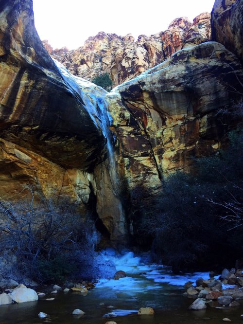 A waterfall cascades down rocky cliffs into a serene, icy river surrounded by trees and rugged terrain.