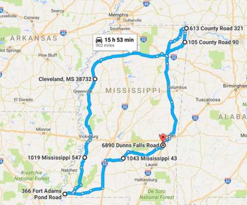 Map showing a route in Mississippi with key locations and estimated travel time of 15 hours and 53 minutes.