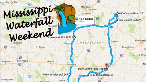 Map showing a route for a Mississippi Waterfall Weekend, highlighting Dunns Falls and nearby roads.