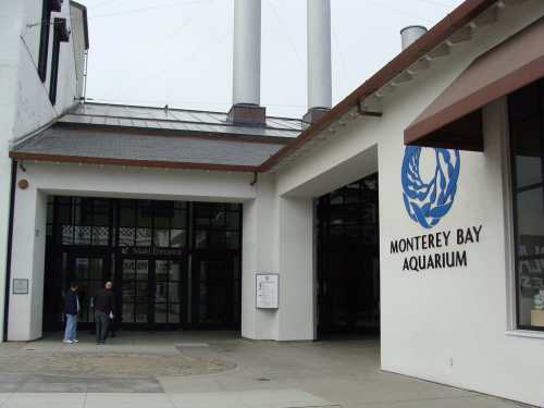 Entrance of the Monterey Bay Aquarium, featuring a logo and people walking in.