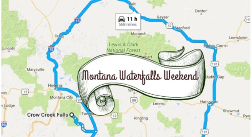 Map highlighting a route for a "Montana Waterfalls Weekend," featuring Crow Creek Falls and surrounding areas.