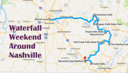 Map highlighting a waterfall weekend route around Nashville, featuring stops at various parks and attractions.
