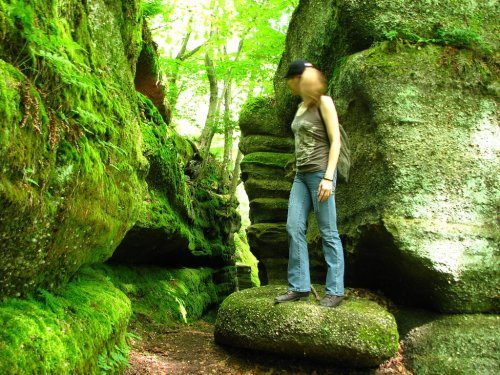 A person stands on a moss-covered rock in a lush, green forest with tall stone formations on either side.
