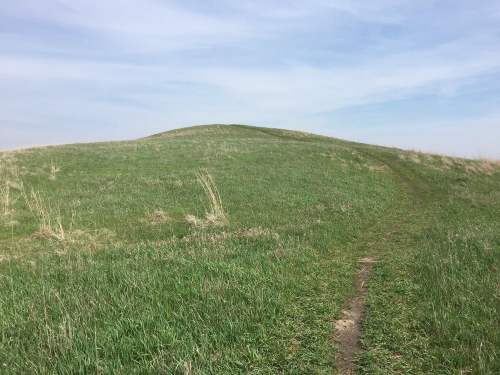 A grassy hill under a blue sky, with a visible dirt path leading up to the summit.
