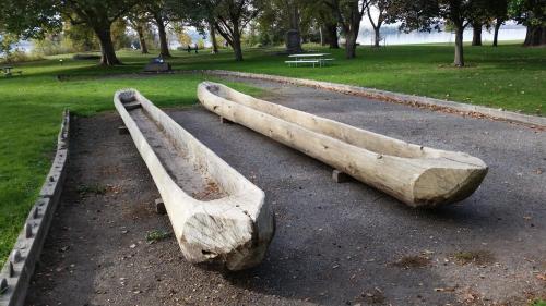 Two large, weathered wooden canoes resting on gravel in a park, surrounded by trees and open green space.