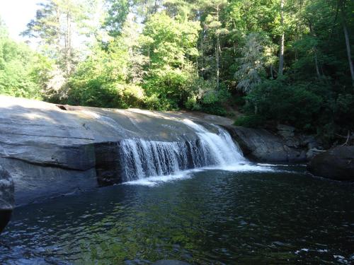 A serene waterfall cascading over smooth rocks into a calm pool, surrounded by lush green trees.