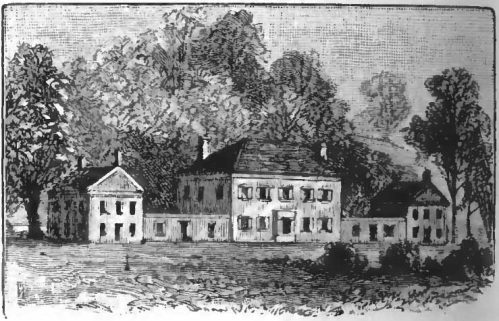 An illustration of a large, two-story house surrounded by trees and smaller buildings in a rural setting.