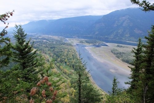 A scenic view of a river winding through lush green hills and trees under a cloudy sky.