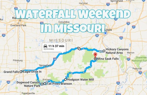 Map showing a route for a "Waterfall Weekend in Missouri," highlighting Mina Sauk Falls and nearby attractions.