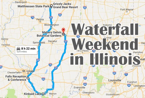 Map showing a route for a "Waterfall Weekend in Illinois," highlighting key locations and travel time.