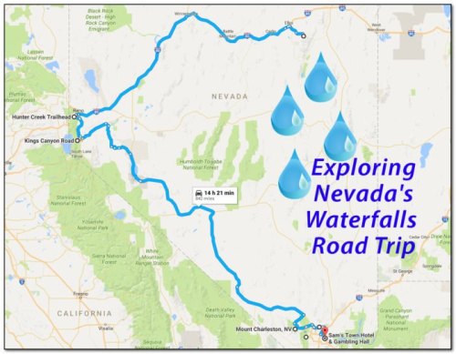 Map showing a road trip route for exploring waterfalls in Nevada, with key locations and a water droplet graphic.