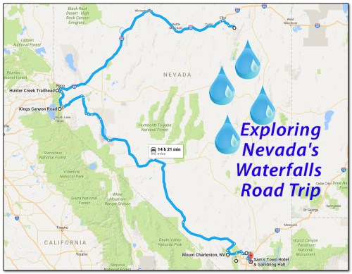 Map showing a road trip route through Nevada, highlighting locations of waterfalls with blue water droplet icons.