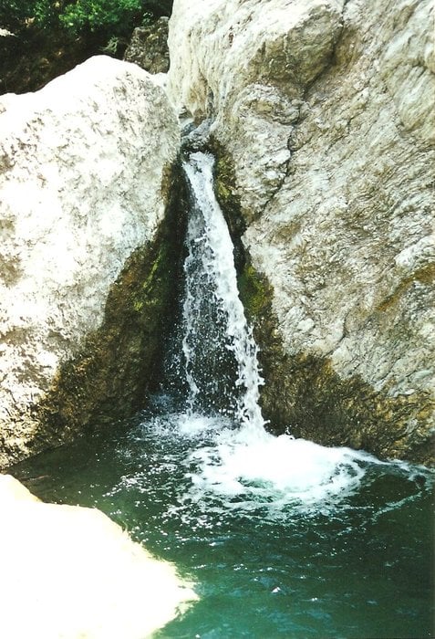 A small waterfall cascades over rocks into a clear pool of water surrounded by greenery.
