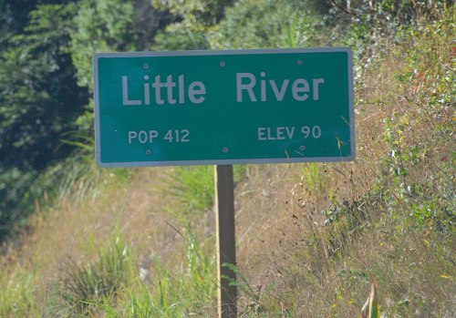 Green sign for Little River, indicating a population of 412 and an elevation of 90 feet, surrounded by grass.