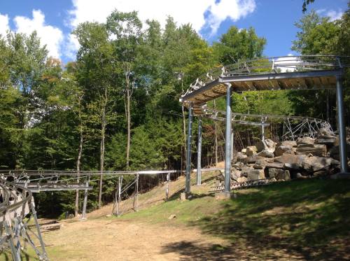 A metal roller coaster track winds through a wooded area, with trees and rocks visible in the background.