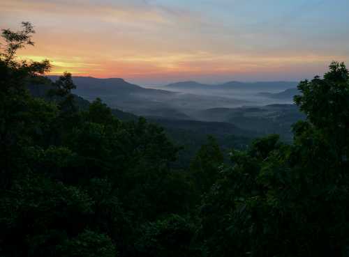 A serene landscape at sunrise, with misty valleys and rolling hills framed by lush green trees.