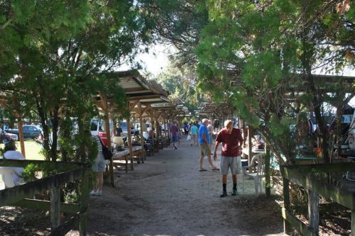 A bustling outdoor market path lined with trees, tables, and people browsing among parked cars.